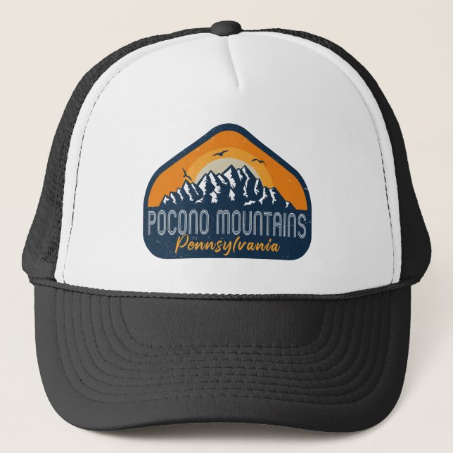 Pocono Mountains PA Retro Sunset Souvenirs Gift Trucker Hat (Front)