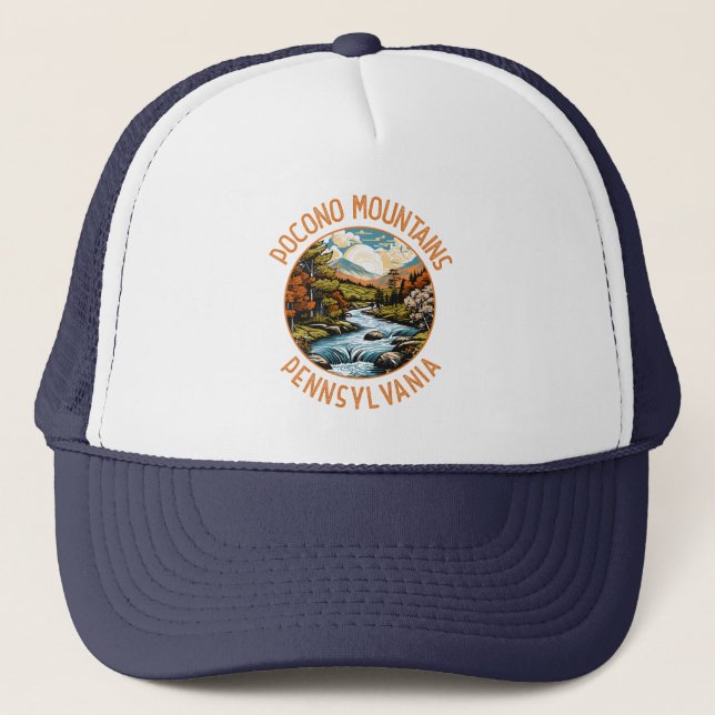 Pocono Mountains Pennsylvania Sunset Retro Art Trucker Hat (Front)