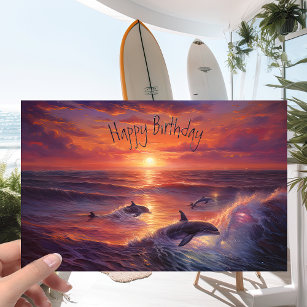 Pod of Dolphins on an Ocean Pink Sunset - Birthday Card
