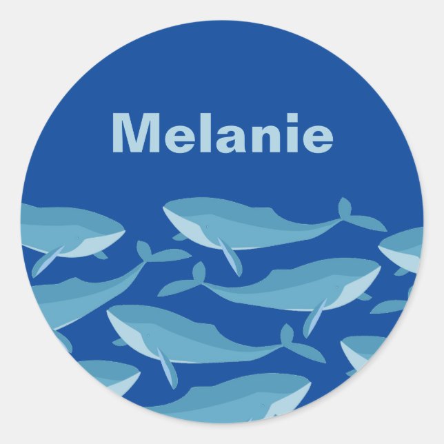 Pod of Whales Swimming Dark Blue Personalised Classic Round Sticker (Front)