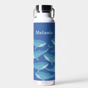 Pod of Whales Swimming Dark Blue Personalised Water Bottle