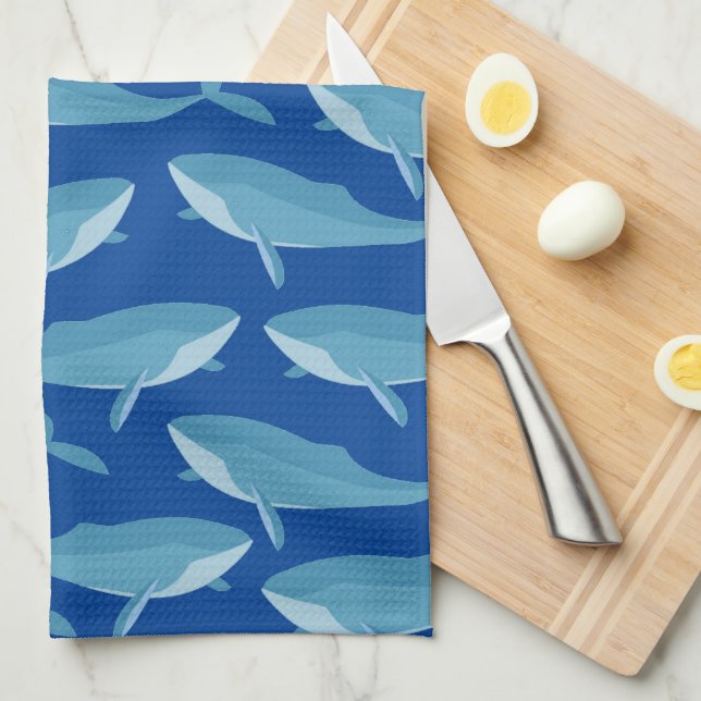 Pod of Whales Swimming Dark Blue Tea Towel (Quarter Fold)
