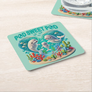 "Pod Sweet Pod" Whale Family Square Paper Coaster
