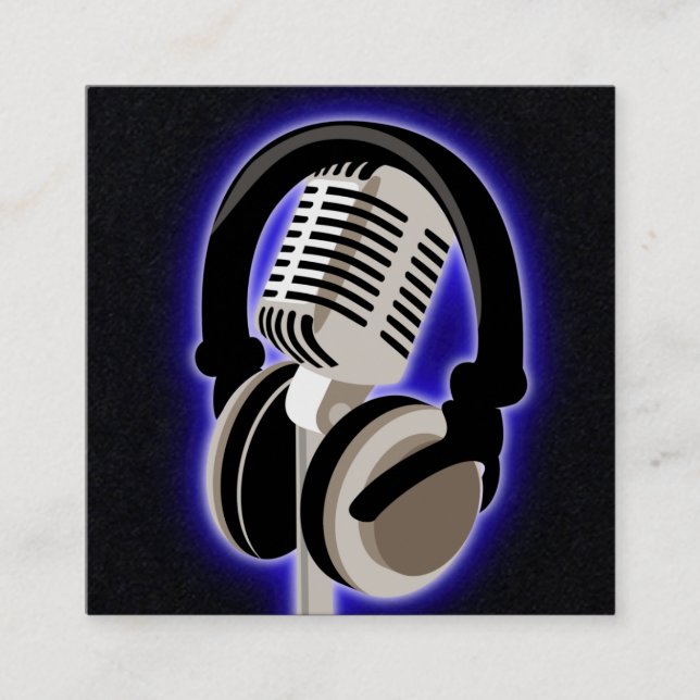 Podcast Glowing Blue Headphones And Microphone Square Business Card (Front)