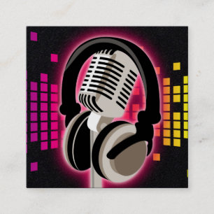 Podcast Glowing Microphone Headphones Pink Black Square Business Card