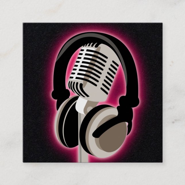 Podcast Glowing Pink Headphones And Microphone Square Business Card (Front)