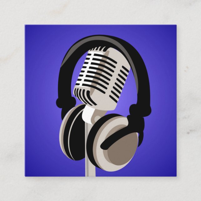 Podcast Microphone Headphones Blue Square Business Card (Front)