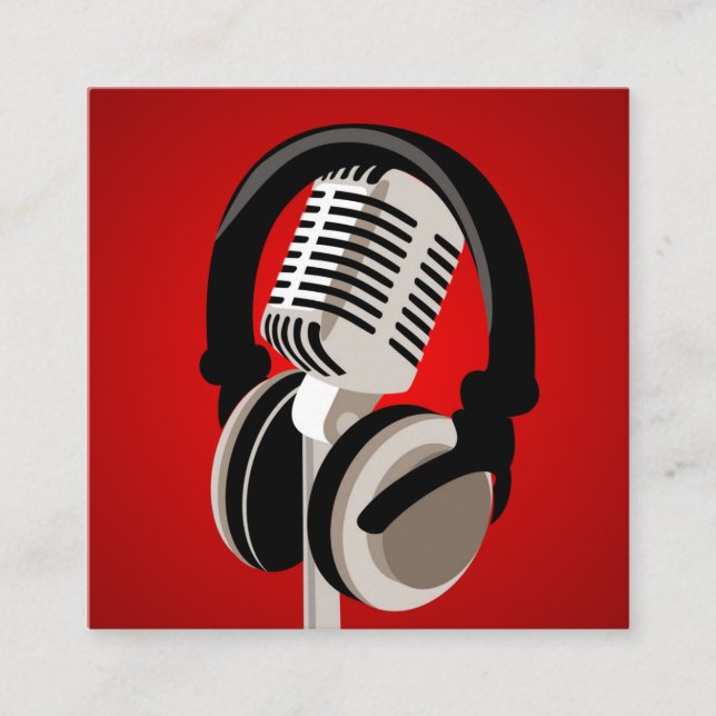 Podcast Microphone Headphones Red Square Business Card (Front)