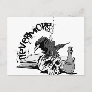 Poe Nevermore Raven Skull & Book Postcard