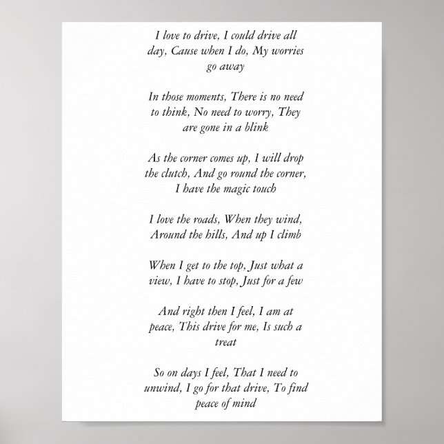 Poem about driving to find peace poster (Front)