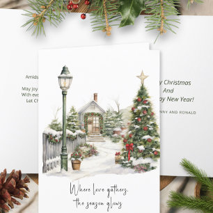 Poem Green Red White Berries Snow Christmas Wreath Holiday Card