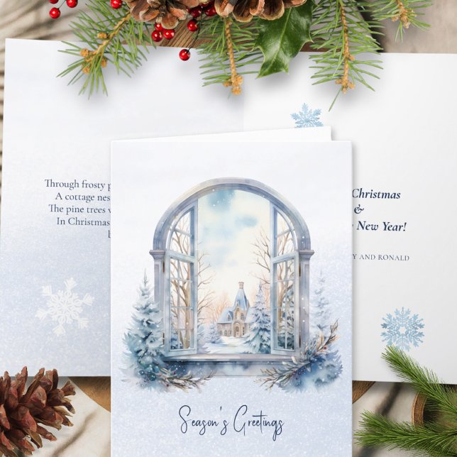 Poem Nordic Winter Blue Foliage Christmas Window Holiday Card (Creator Uploaded)
