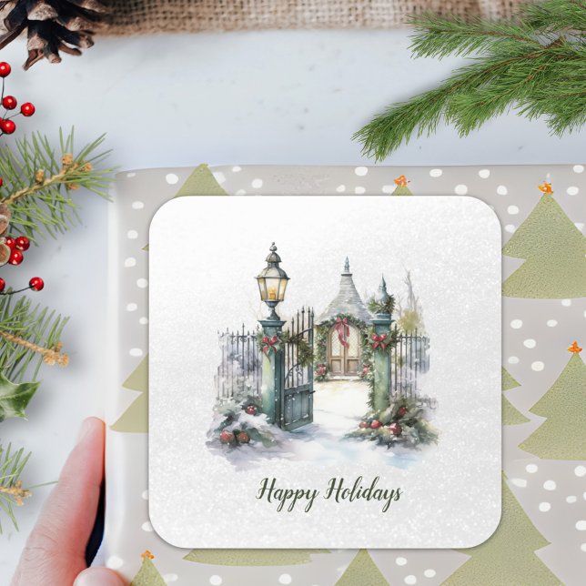 Poem Nordic Winter Green Red Snow Christmas Wreath Square Sticker (Creator Uploaded)