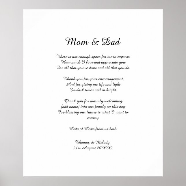Poem Parents Bride Groom Wedding Thank You Gift Poster (Front)