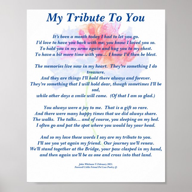 Poem: Tribute to a Deceased Pet FL Poster Matte (Front)