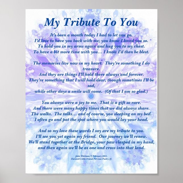 Poem: Tribute to a Deceased Pet PB Poster Matte (Front)