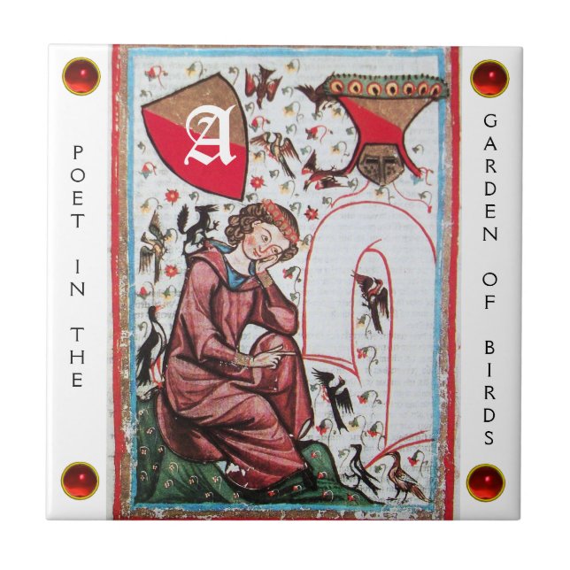 POET IN THE GARDEN OF BIRD MONOGRAM white red gem Tile (Front)