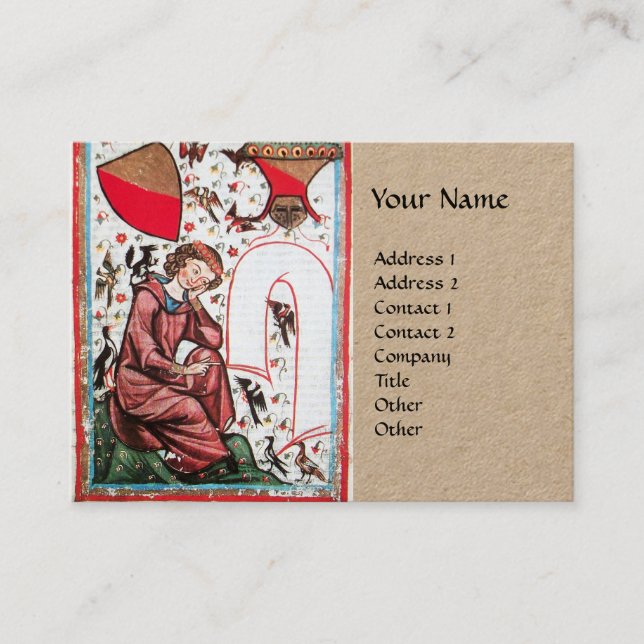 POET IN THE GARDEN OF BIRDS Mediaeval Kraft Paper Business Card (Front)