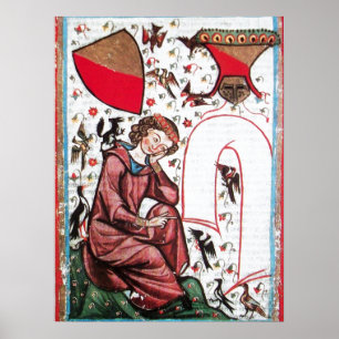POET IN THE GARDEN OF BIRDS Mediaeval Miniature Poster