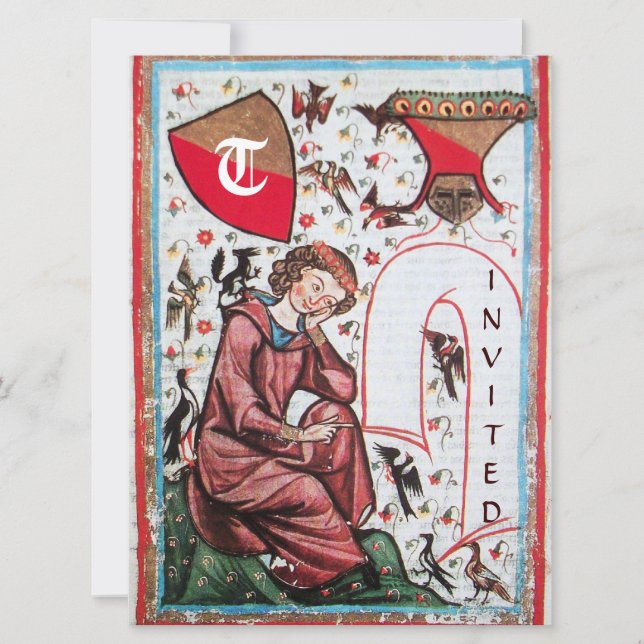 POET IN THE GARDEN OF BIRDS MONOGRAM INVITATION (Front)