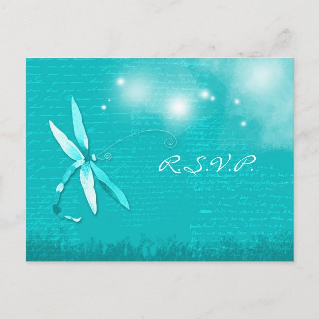 Poetic Dragonfly Turquoise Wedding RSVP Invitation Postcard (Front)