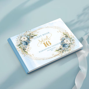 Poetic Dusty Blue Floral Gold Sweet 16th Sign In Guest Book