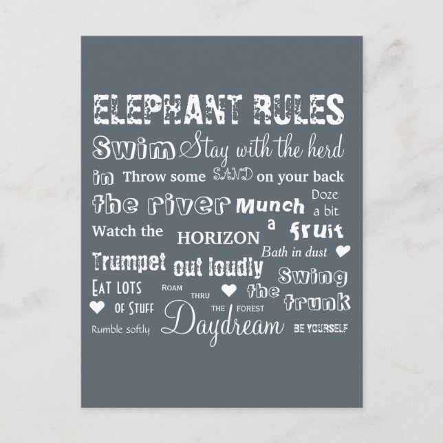 Poetic Elephant Rules Typographic Postcard (Front)