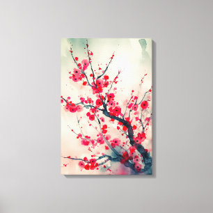 Poetic Red Plum Blossom Branch Watercolor Canvas Print