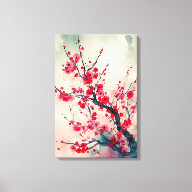 Poetic Red Plum Blossom Branch Watercolor Canvas Print (Front)
