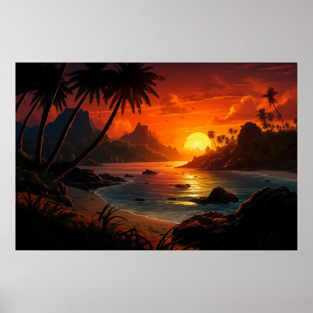 Poetic Sunset on Tropical Beach Illustration Poster (Front)