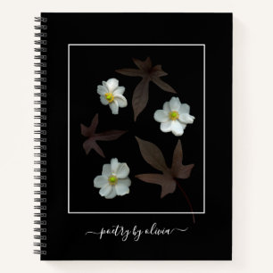 Poetry by Name White Flowers Dark Leaves Black Notebook