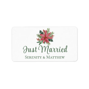 Poinsetia Christmas Floral Just Married Wedding Label