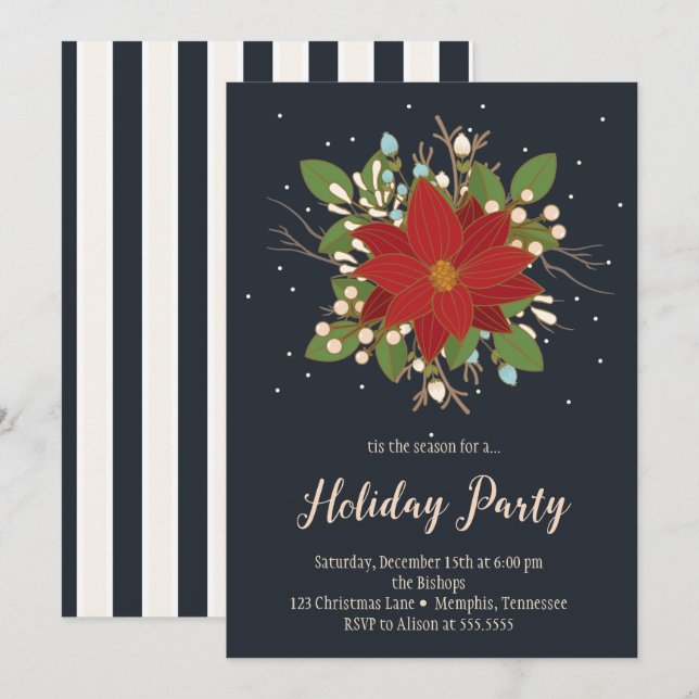 Poinsettia and Berries Holiday Party Invitation (Front/Back)