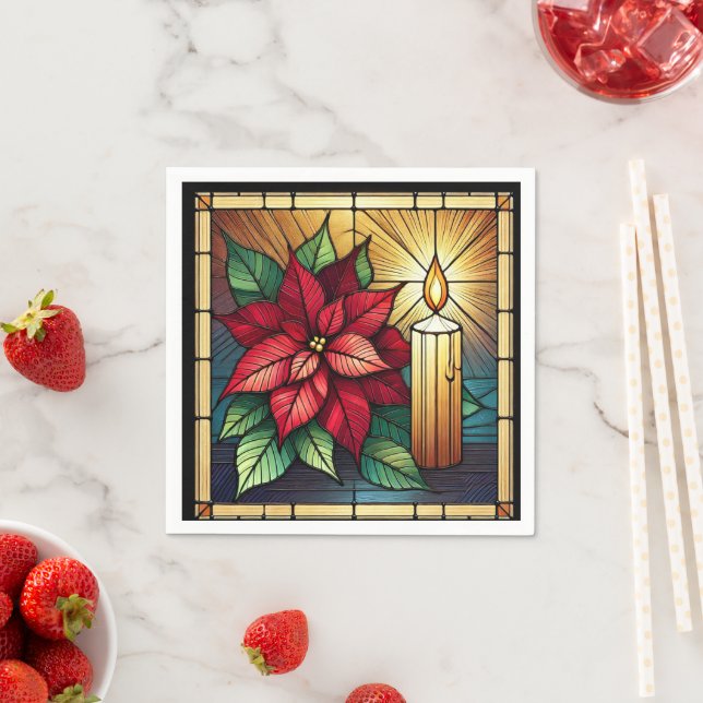 Poinsettia and Candle Stained Glass Decoupage Napkin (Insitu)