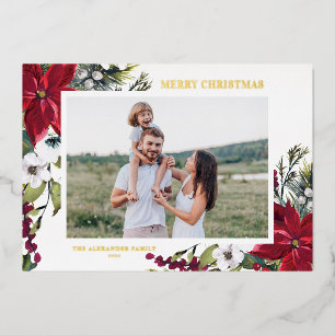 Poinsettia and Fir Leaves Merry Christmas Photo  Foil Holiday Card