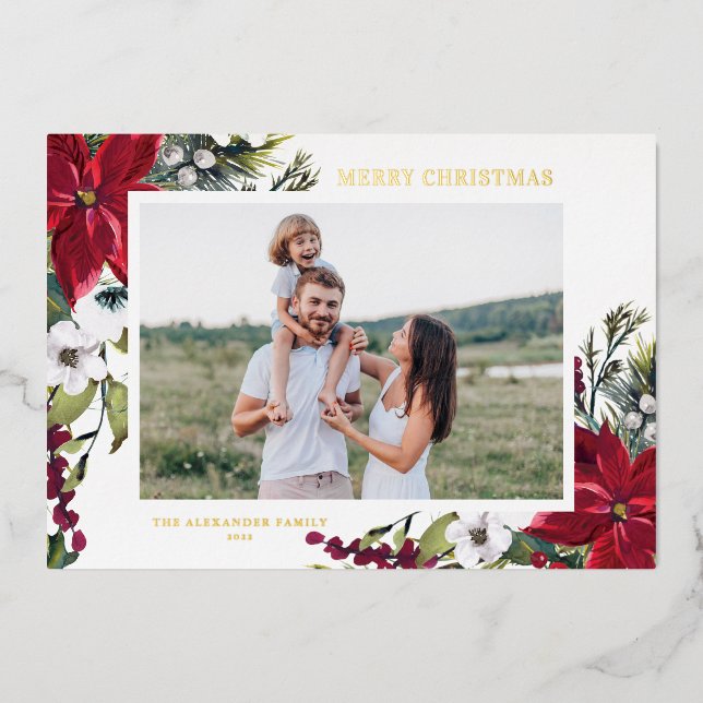 Poinsettia and Fir Leaves Merry Christmas Photo  Foil Holiday Card (Front)