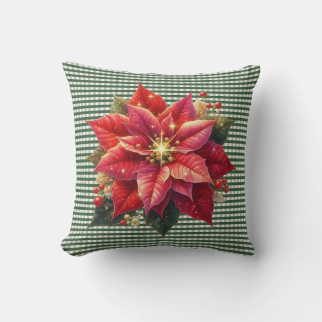 Poinsettia and Green Stripe Christmas Holiday Cushion (Front)