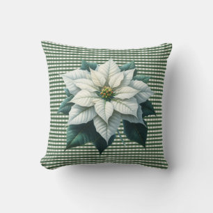 Poinsettia and Green Stripe Christmas Holiday Cushion