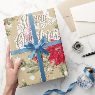 Poinsettia and Holly Berries Christmas Wrapping Paper
