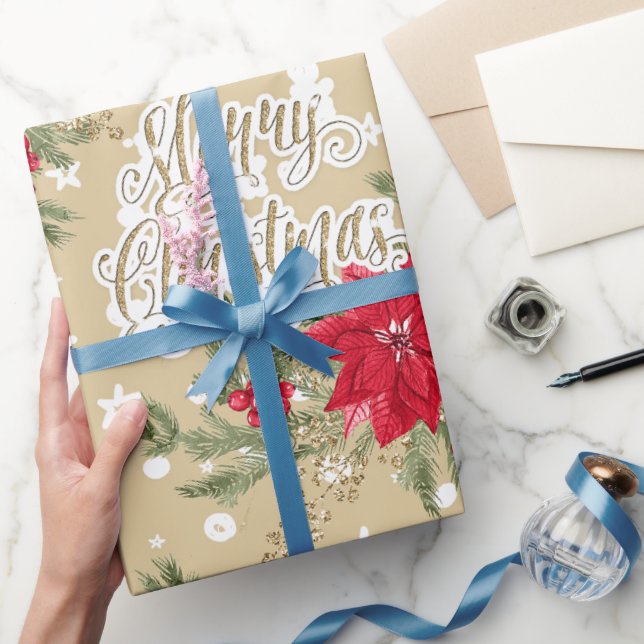 Poinsettia and Holly Berries Christmas Wrapping Paper (Gifting)