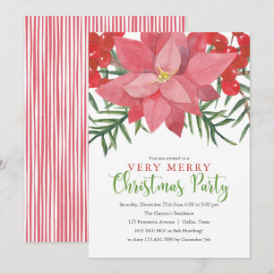 Poinsettia and Holly Berries Very Merry Christmas Invitation