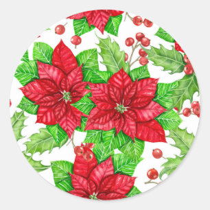 Poinsettia and holly berry watercolor Christmas Classic Round Sticker