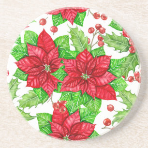 Poinsettia and holly berry watercolor Christmas Coaster
