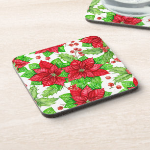 Poinsettia and holly berry watercolor Christmas Coaster