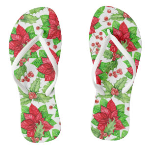 Poinsettia and holly berry watercolor Christmas Flip Flops