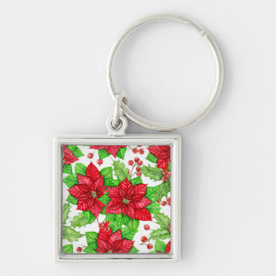 Poinsettia and holly berry watercolor Christmas Key Ring