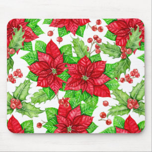 Poinsettia and holly berry watercolor Christmas Mouse Mat
