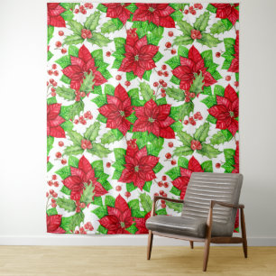 Poinsettia and holly berry watercolor Christmas Tapestry