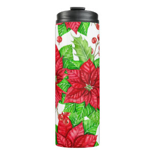 Poinsettia and holly berry watercolor Christmas Thermal Tumbler