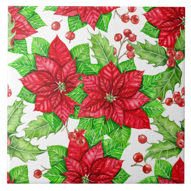 Poinsettia and holly berry watercolor Christmas Tile (Front)